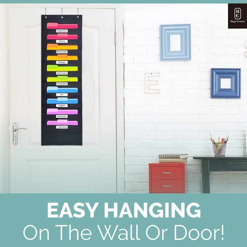 Hippo Creation Black Pocket Chart for Classroom - 10 Pocket Storage Rainbow Pocket Charts   3 Over Door Hangers Included  Hanging Wall File Organizer for File Folders  School Mailbox  Home/Office Papers - Image 3